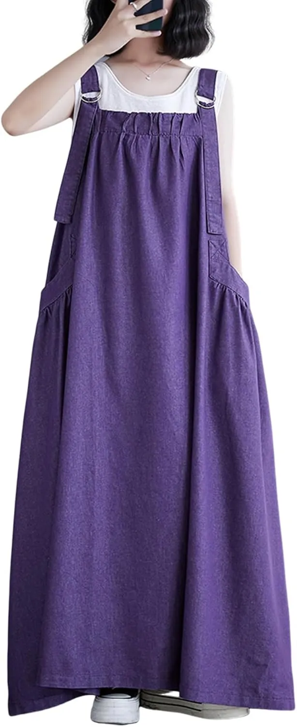 Women's Casual Loose Denim Dress Sleeveless Adjustable Straps Denim Jumper Dress with Pockets