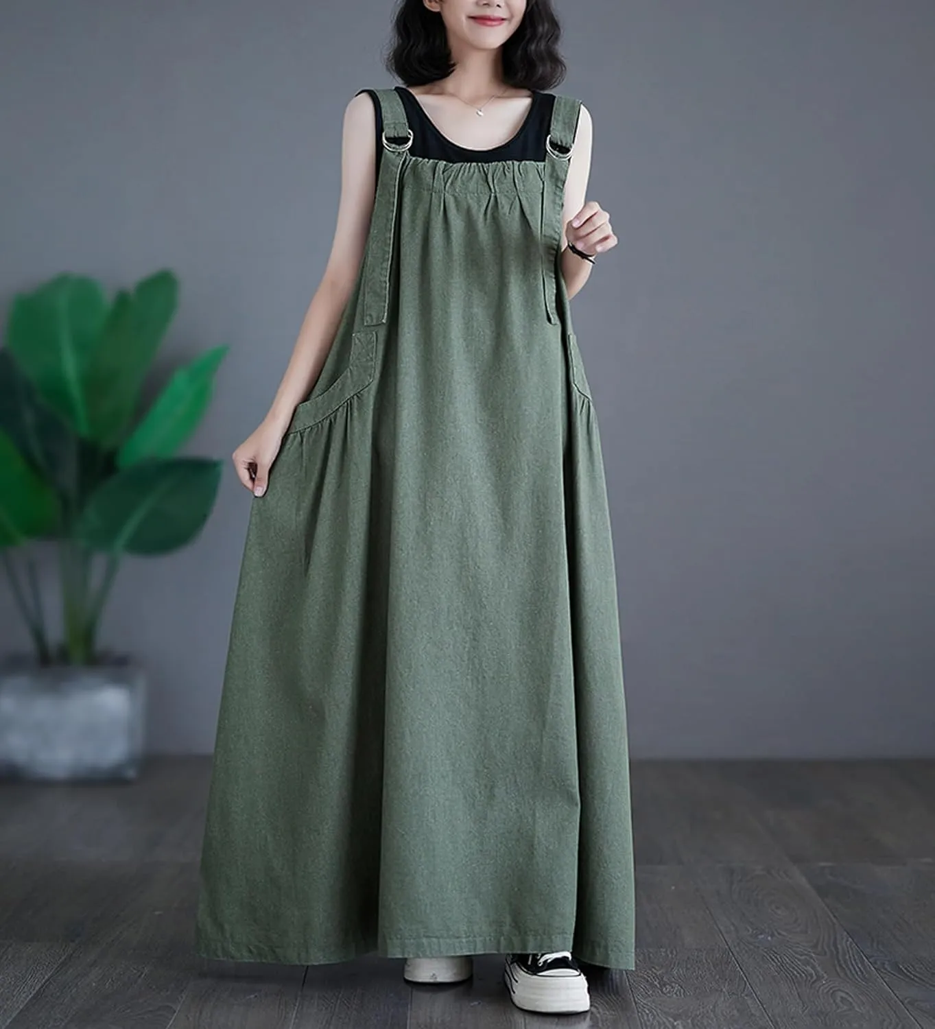 Women's Casual Loose Denim Dress Sleeveless Adjustable Straps Denim Jumper Dress with Pockets