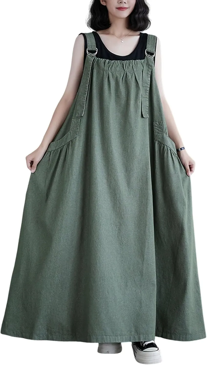 Women's Casual Loose Denim Dress Sleeveless Adjustable Straps Denim Jumper Dress with Pockets
