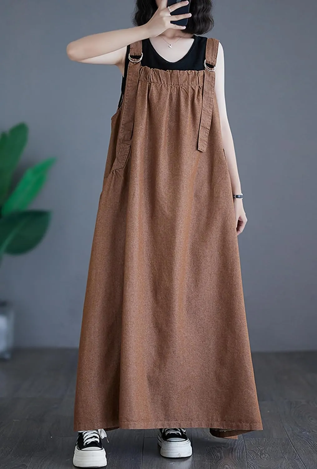 Women's Casual Loose Denim Dress Sleeveless Adjustable Straps Denim Jumper Dress with Pockets