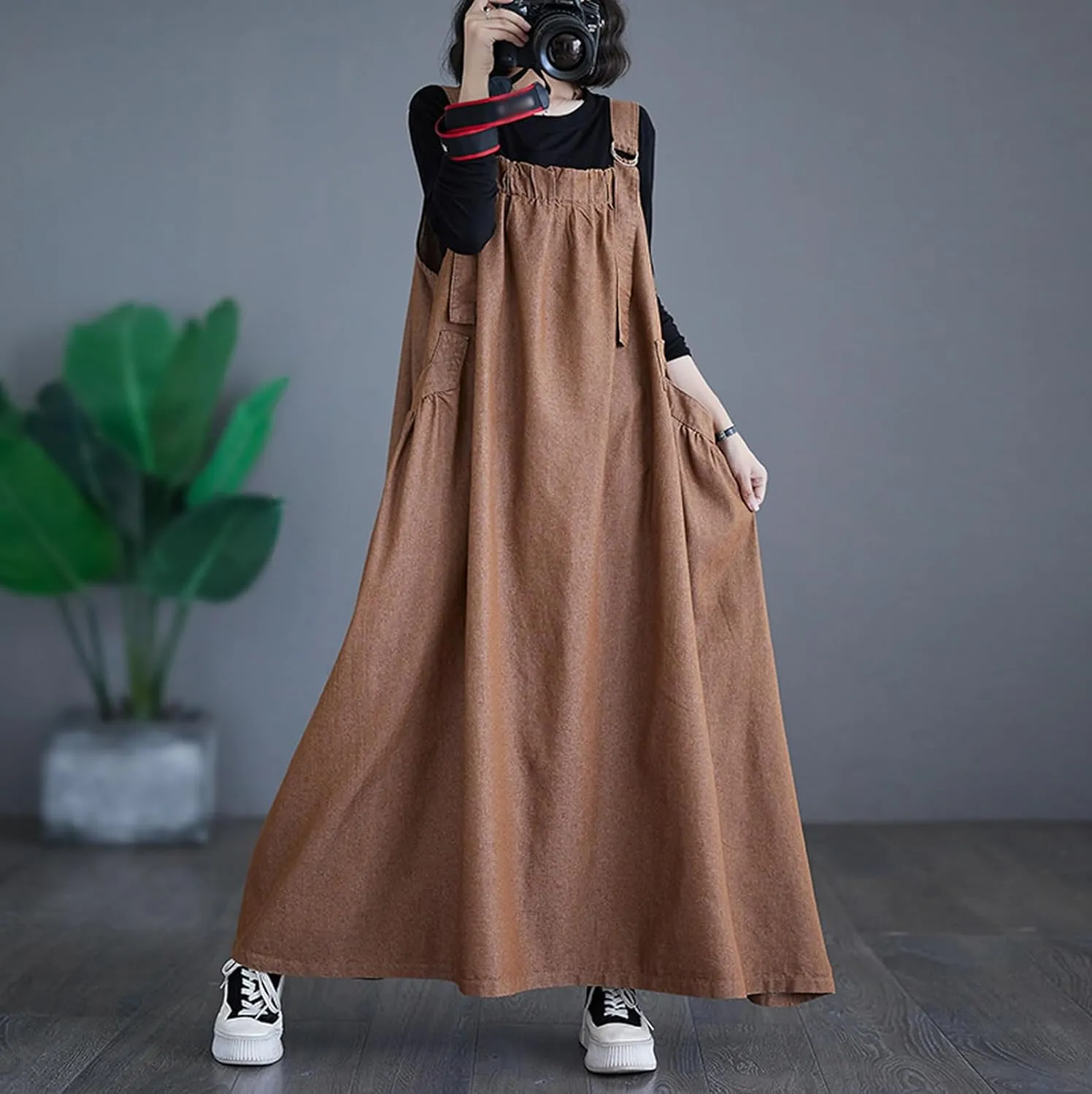 Women's Casual Loose Denim Dress Sleeveless Adjustable Straps Denim Jumper Dress with Pockets