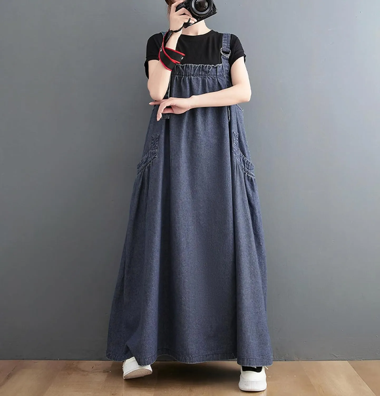 Women's Casual Loose Denim Dress Sleeveless Adjustable Straps Denim Jumper Dress with Pockets