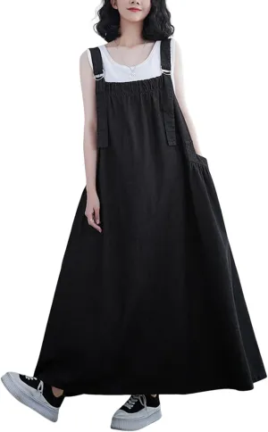Women's Casual Loose Denim Dress Sleeveless Adjustable Straps Denim Jumper Dress with Pockets