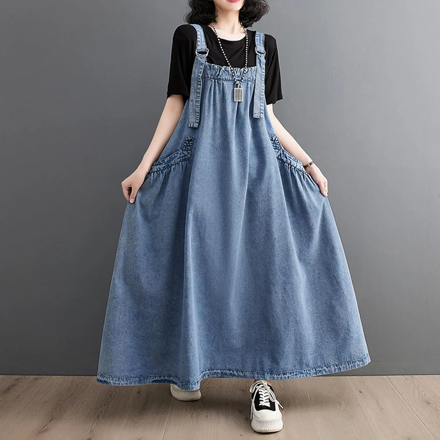 Women's Casual Loose Denim Dress Sleeveless Adjustable Straps Denim Jumper Dress with Pockets