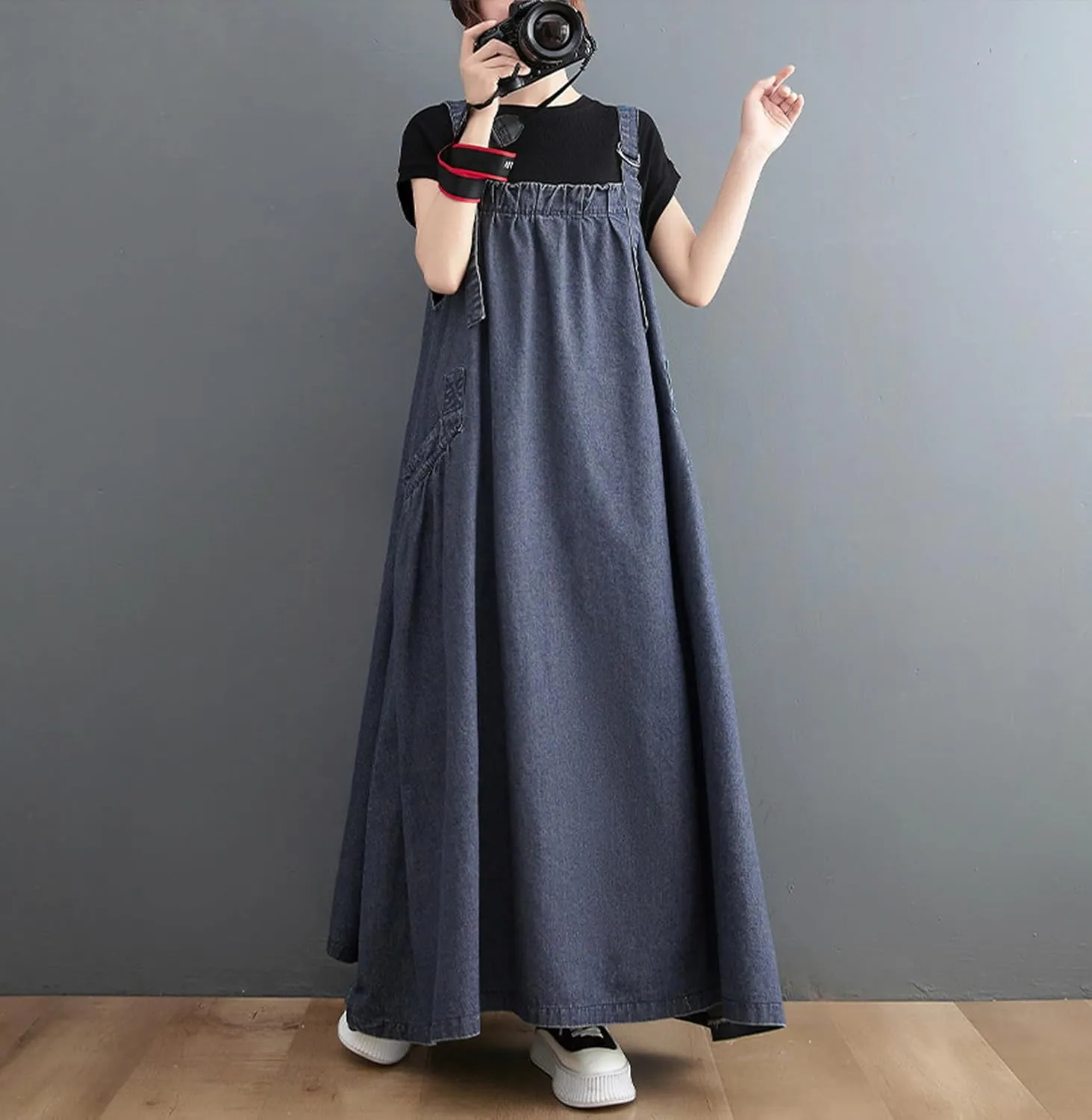 Women's Casual Loose Denim Dress Sleeveless Adjustable Straps Denim Jumper Dress with Pockets