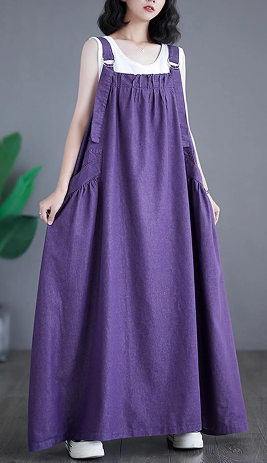 Women's Casual Loose Denim Dress Sleeveless Adjustable Straps Denim Jumper Dress with Pockets