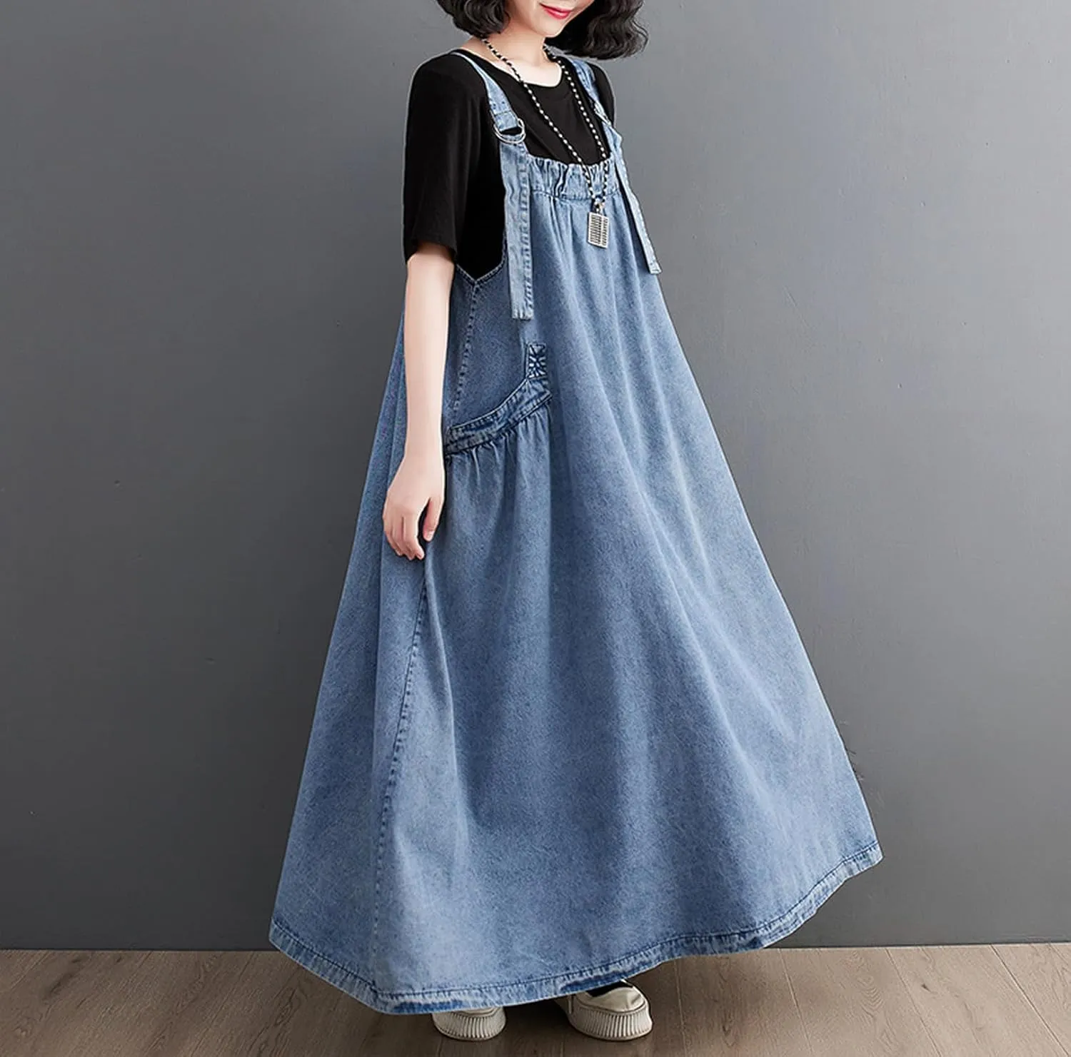 Women's Casual Loose Denim Dress Sleeveless Adjustable Straps Denim Jumper Dress with Pockets