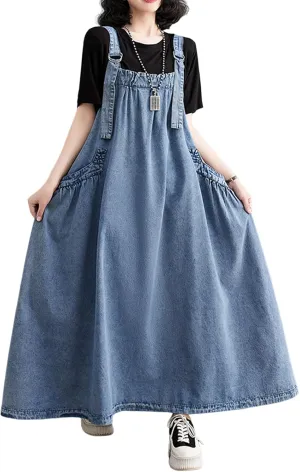 Women's Casual Loose Denim Dress Sleeveless Adjustable Straps Denim Jumper Dress with Pockets