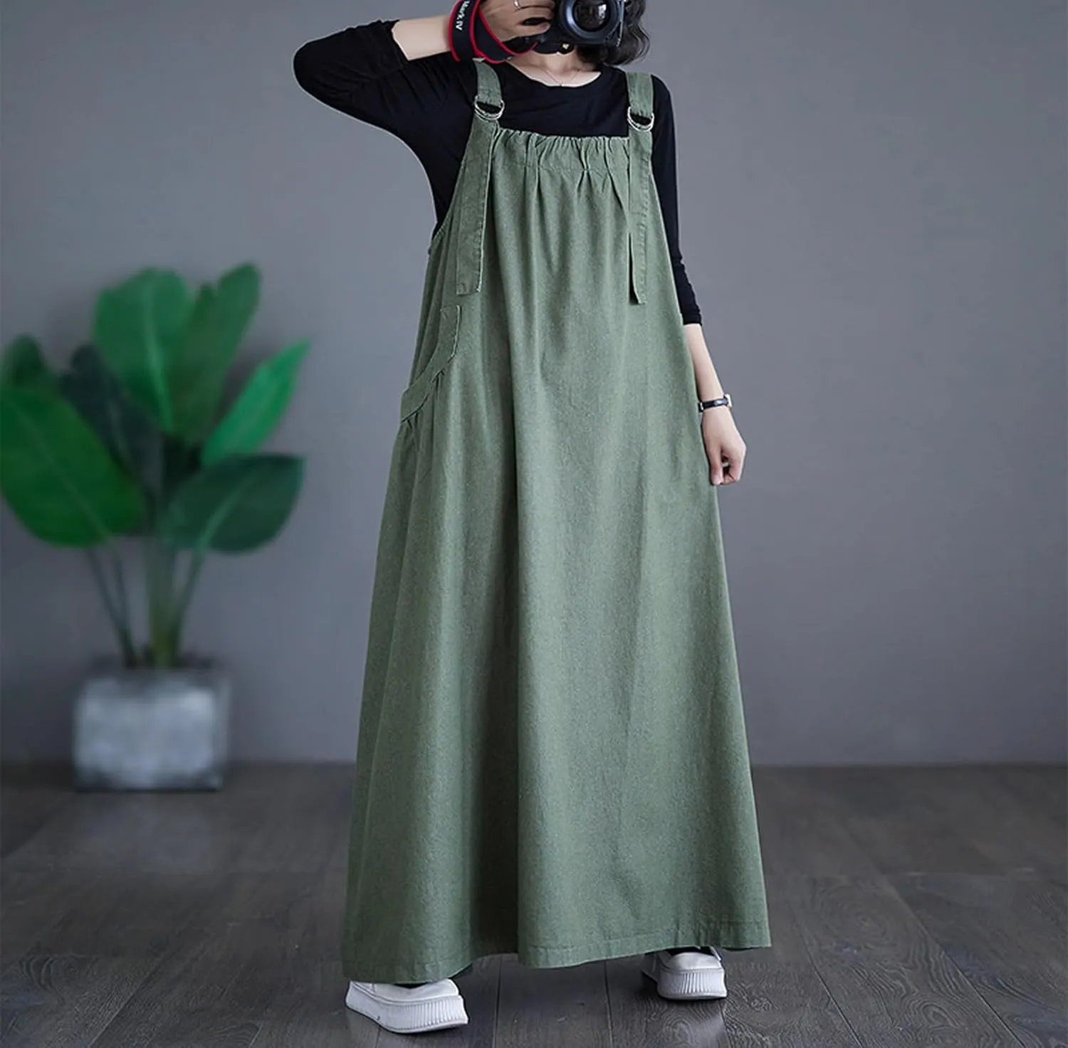 Women's Casual Loose Denim Dress Sleeveless Adjustable Straps Denim Jumper Dress with Pockets