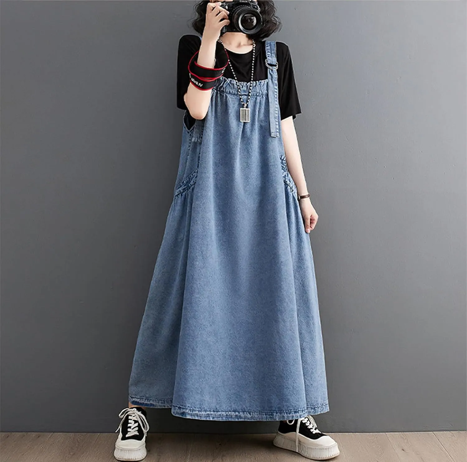 Women's Casual Loose Denim Dress Sleeveless Adjustable Straps Denim Jumper Dress with Pockets