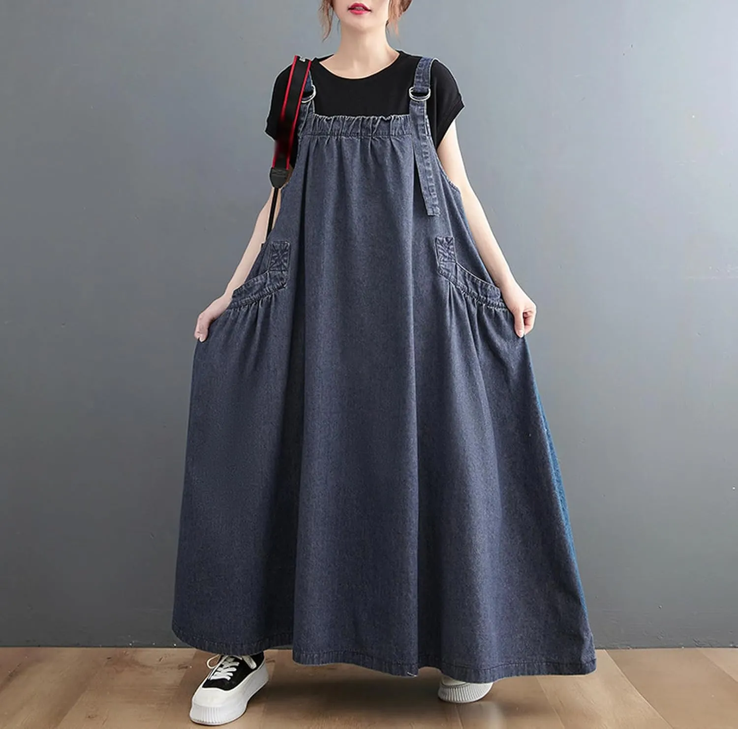 Women's Casual Loose Denim Dress Sleeveless Adjustable Straps Denim Jumper Dress with Pockets