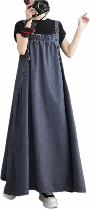 Women's Casual Loose Denim Dress Sleeveless Adjustable Straps Denim Jumper Dress with Pockets