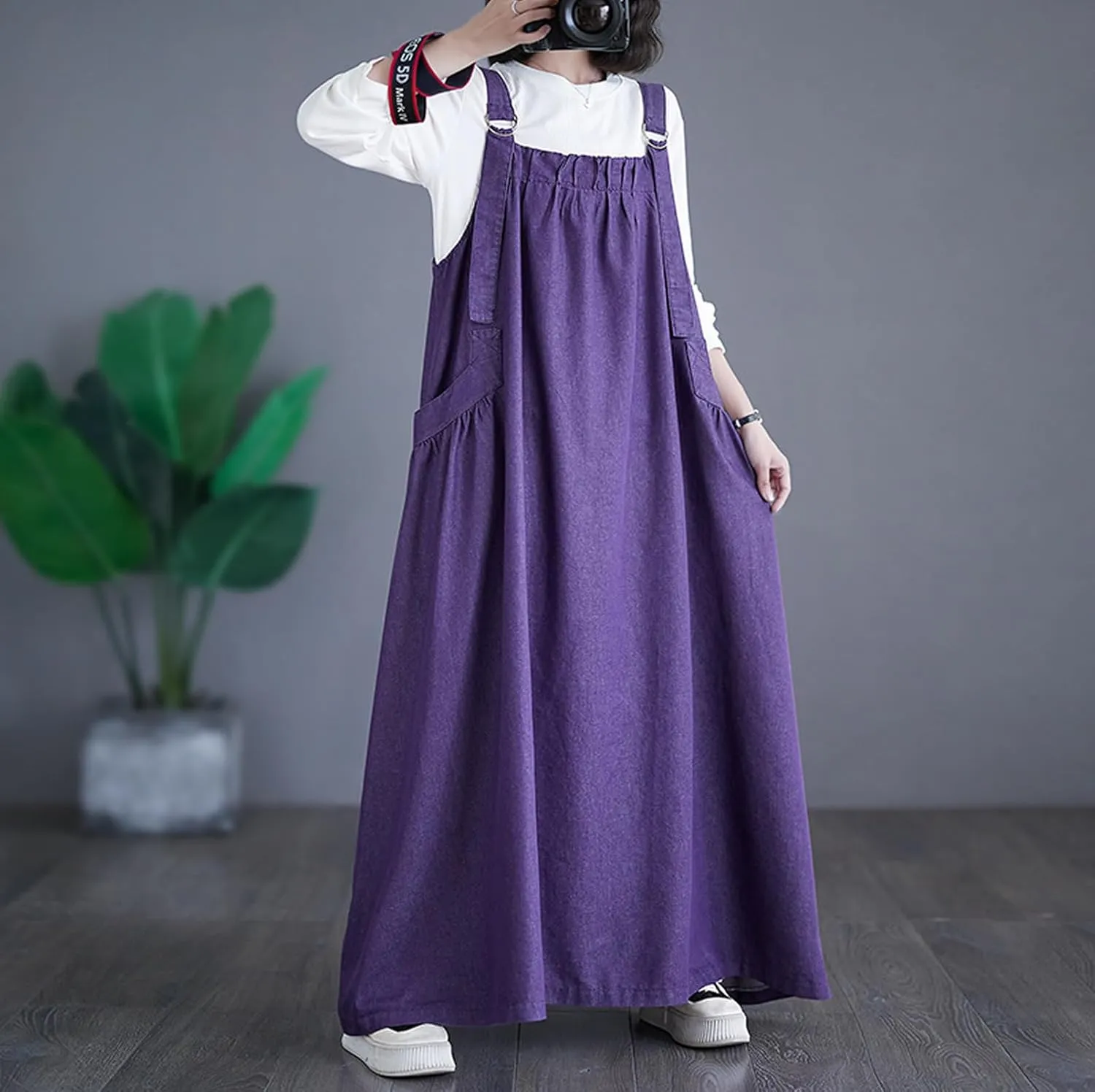 Women's Casual Loose Denim Dress Sleeveless Adjustable Straps Denim Jumper Dress with Pockets