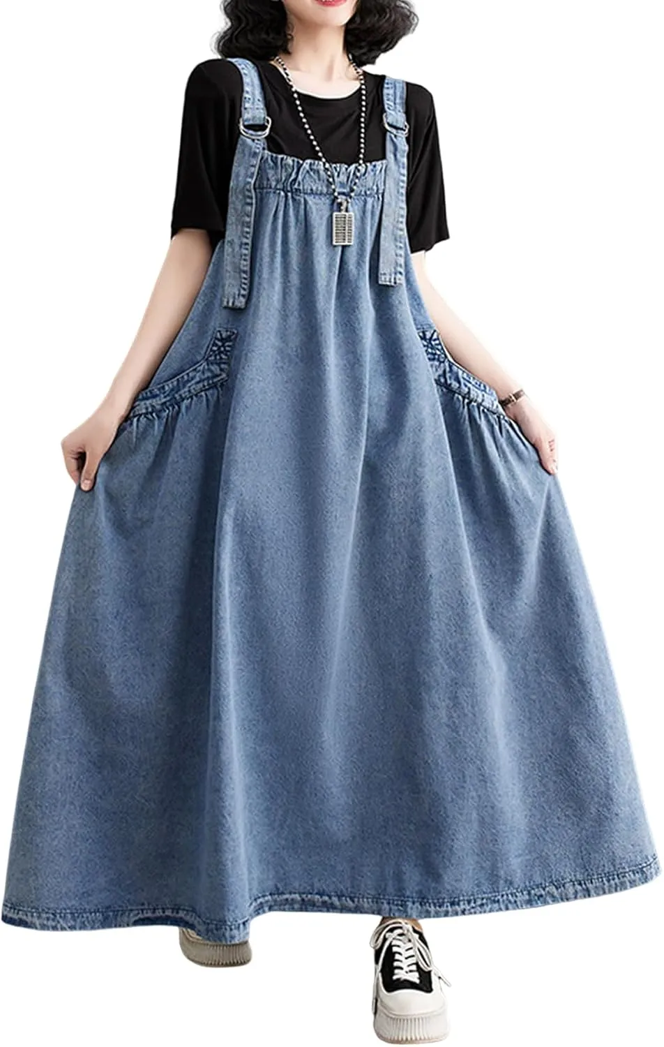 Women's Casual Loose Denim Dress Sleeveless Adjustable Straps Denim Jumper Dress with Pockets