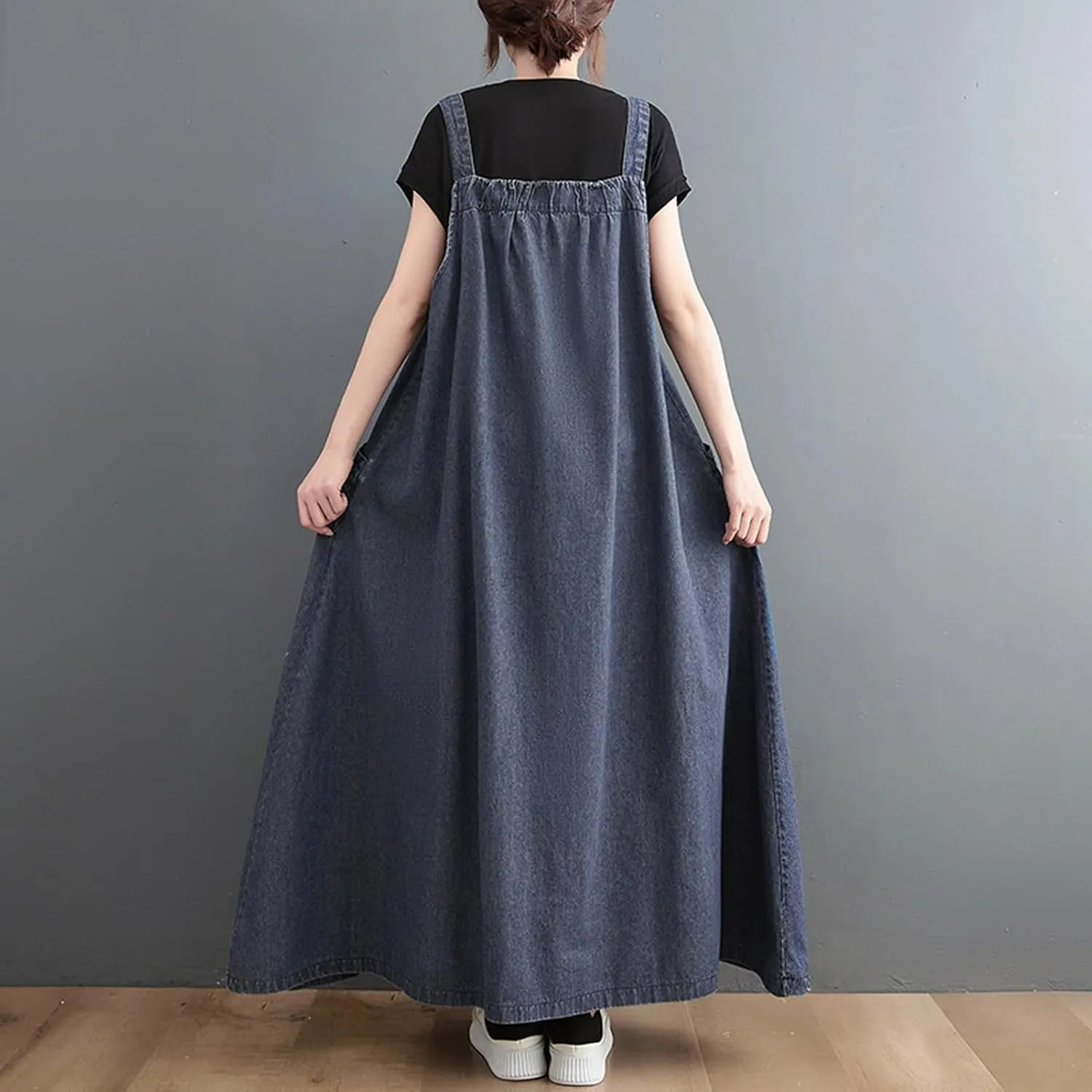 Women's Casual Loose Denim Dress Sleeveless Adjustable Straps Denim Jumper Dress with Pockets