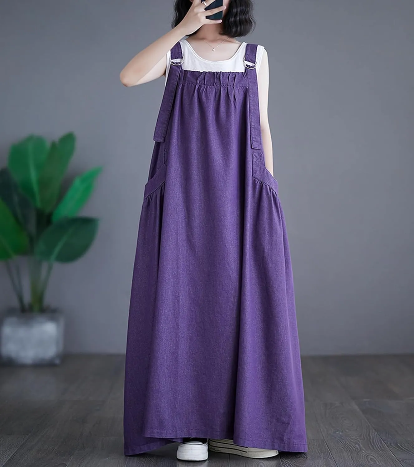 Women's Casual Loose Denim Dress Sleeveless Adjustable Straps Denim Jumper Dress with Pockets