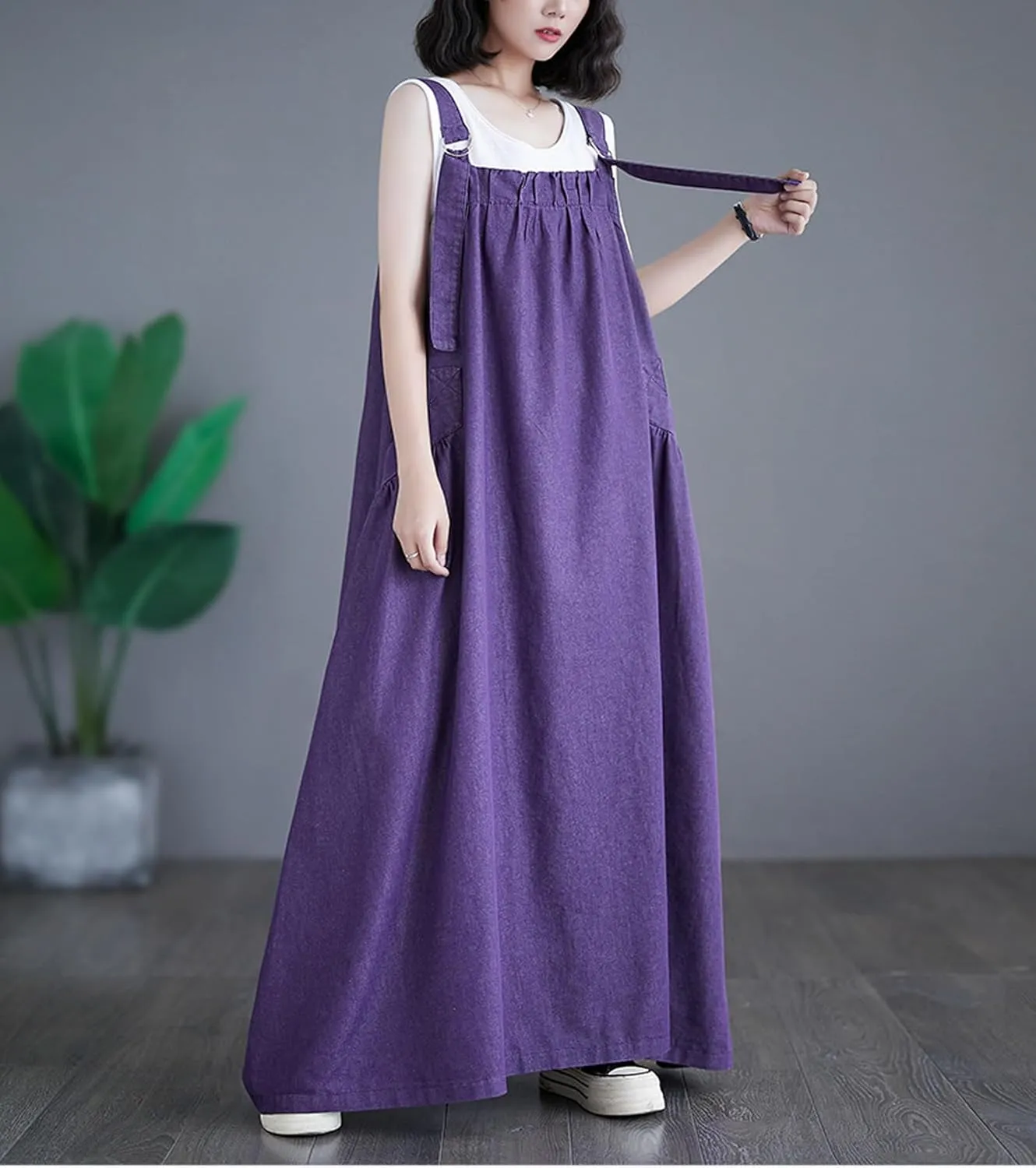 Women's Casual Loose Denim Dress Sleeveless Adjustable Straps Denim Jumper Dress with Pockets