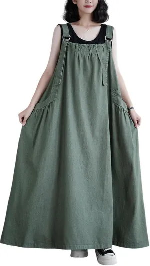 Women's Casual Loose Denim Dress Sleeveless Adjustable Straps Denim Jumper Dress with Pockets
