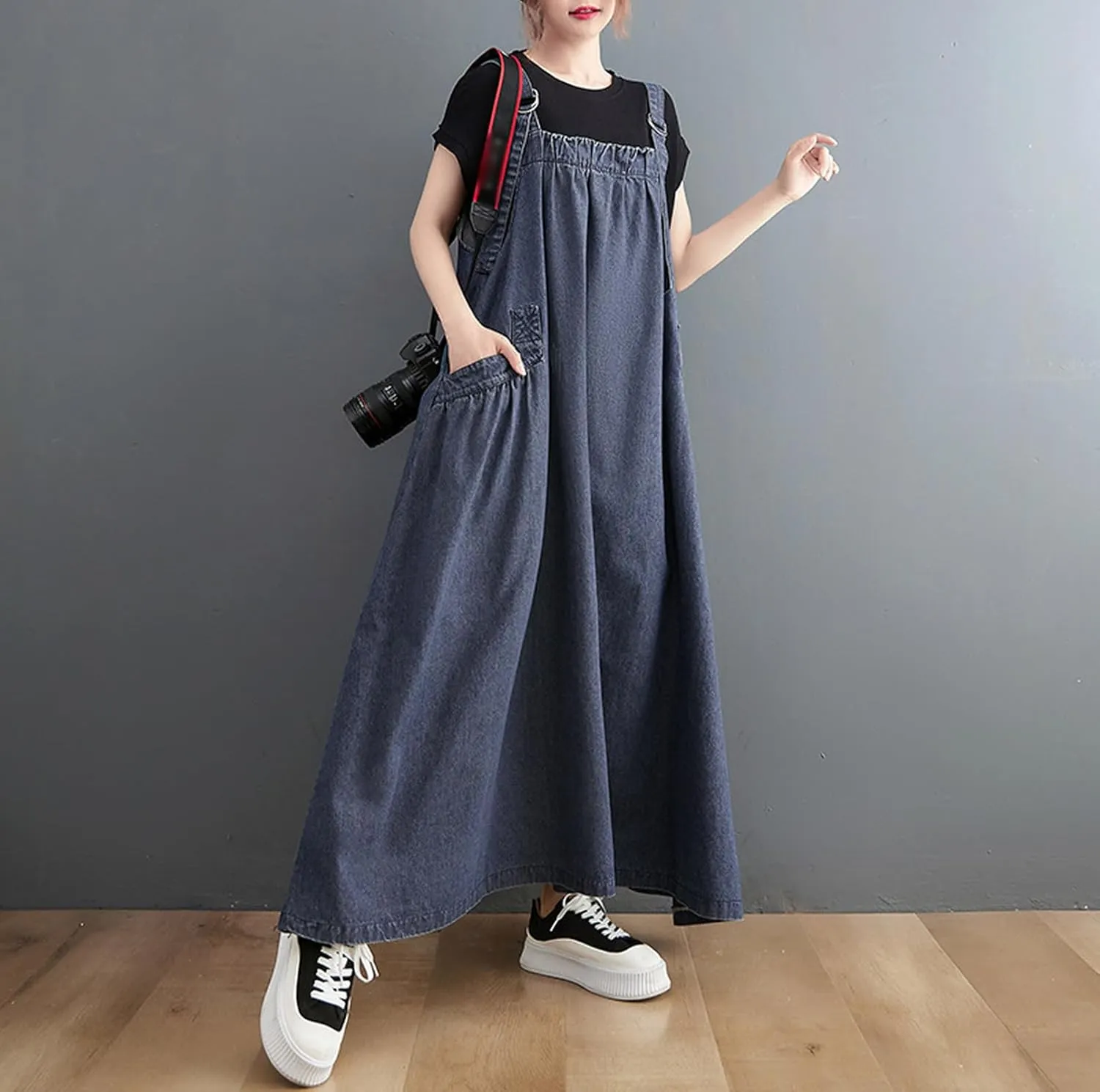 Women's Casual Loose Denim Dress Sleeveless Adjustable Straps Denim Jumper Dress with Pockets
