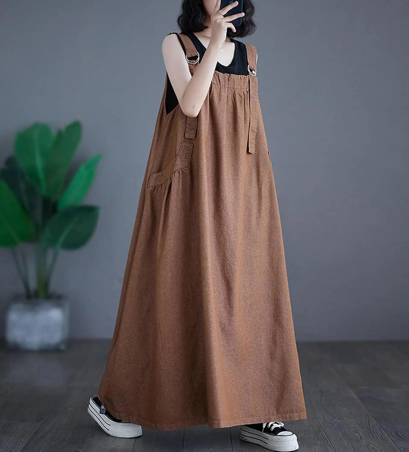 Women's Casual Loose Denim Dress Sleeveless Adjustable Straps Denim Jumper Dress with Pockets