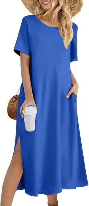 Women's Casual Loose Fit Short Sleeve Midi Casual Dress with Side Slits Comfortable Summer Beach Wear