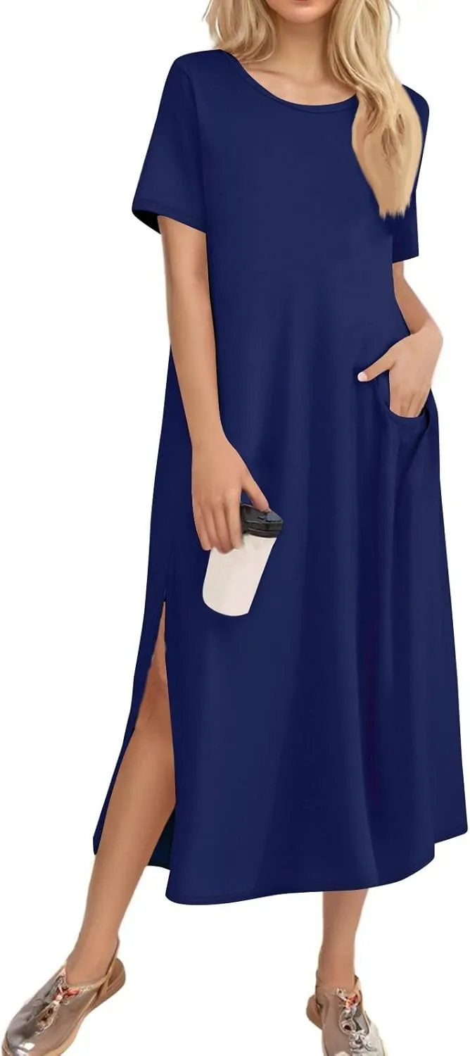 Women's Casual Loose Fit Short Sleeve Midi Casual Dress with Side Slits Comfortable Summer Beach Wear