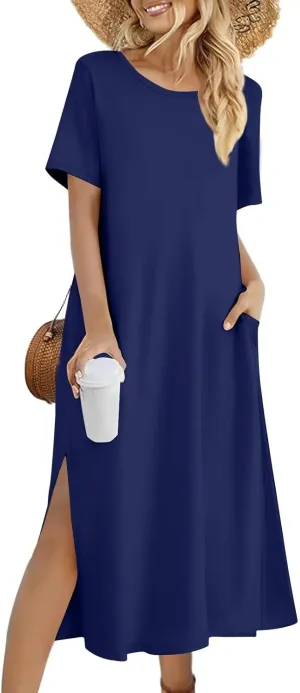 Women's Casual Loose Fit Short Sleeve Midi Casual Dress with Side Slits Comfortable Summer Beach Wear