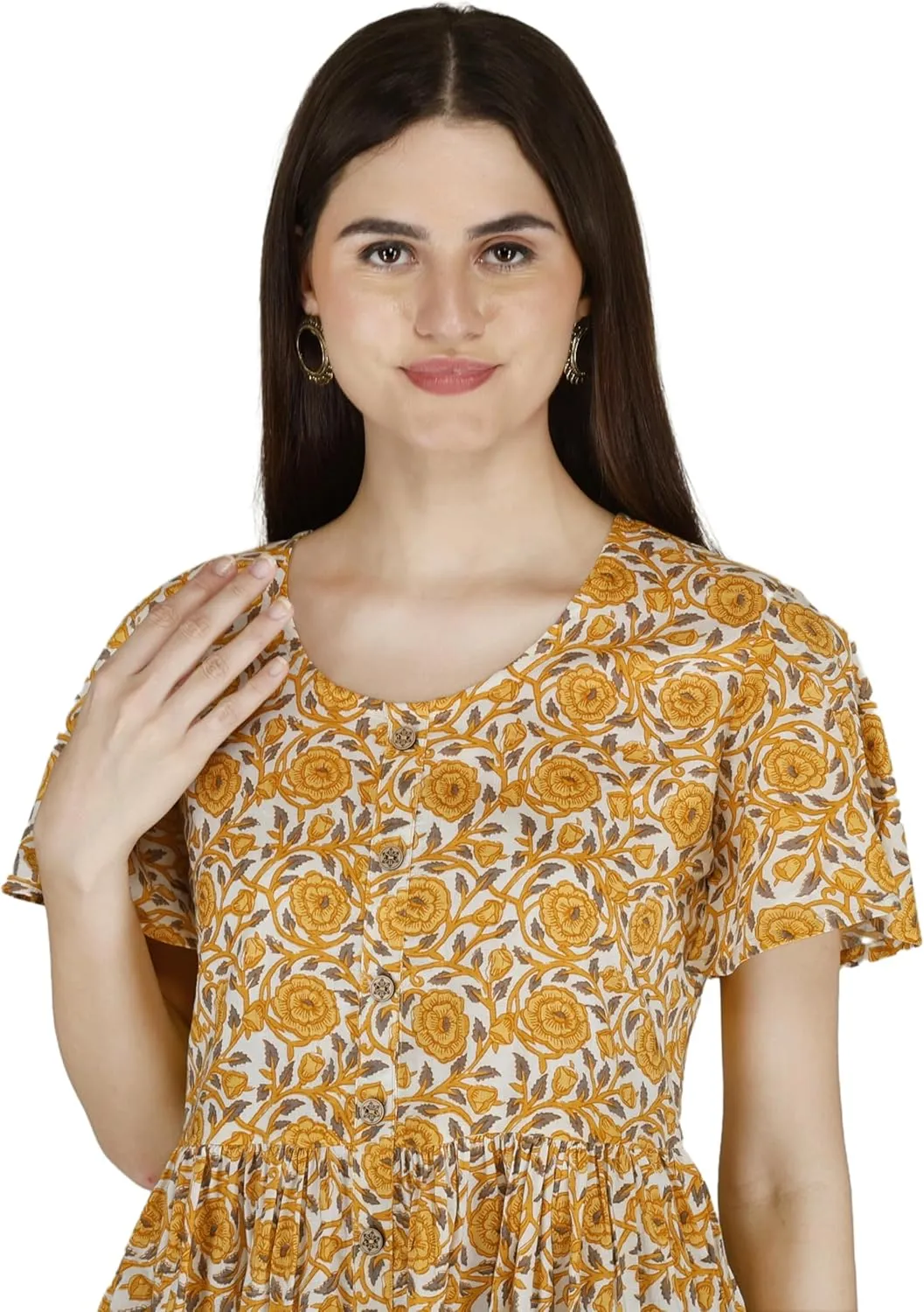 Women's Casual Loose Floral Yellow Summer Beach Button Down Dress with Pockets