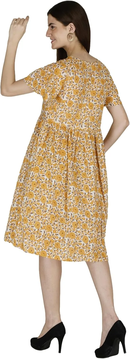 Women's Casual Loose Floral Yellow Summer Beach Button Down Dress with Pockets