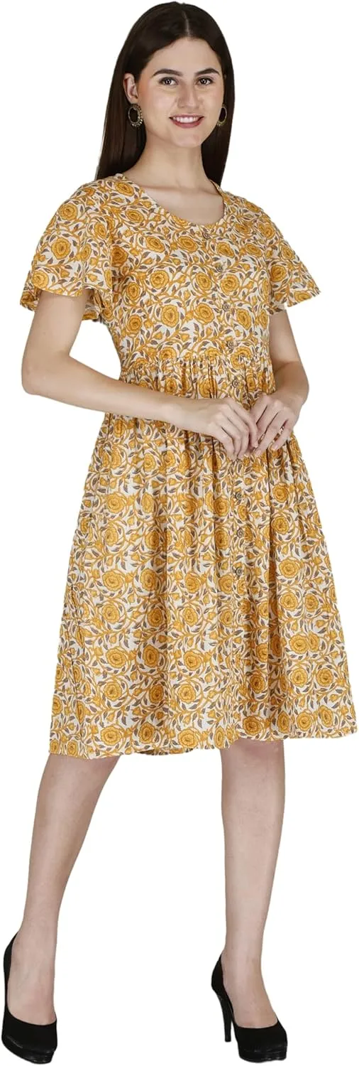Women's Casual Loose Floral Yellow Summer Beach Button Down Dress with Pockets