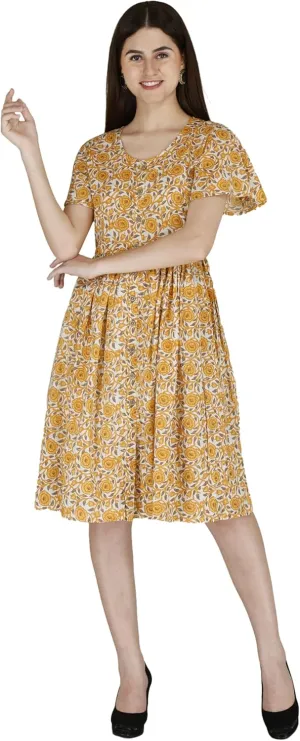 Women's Casual Loose Floral Yellow Summer Beach Button Down Dress with Pockets