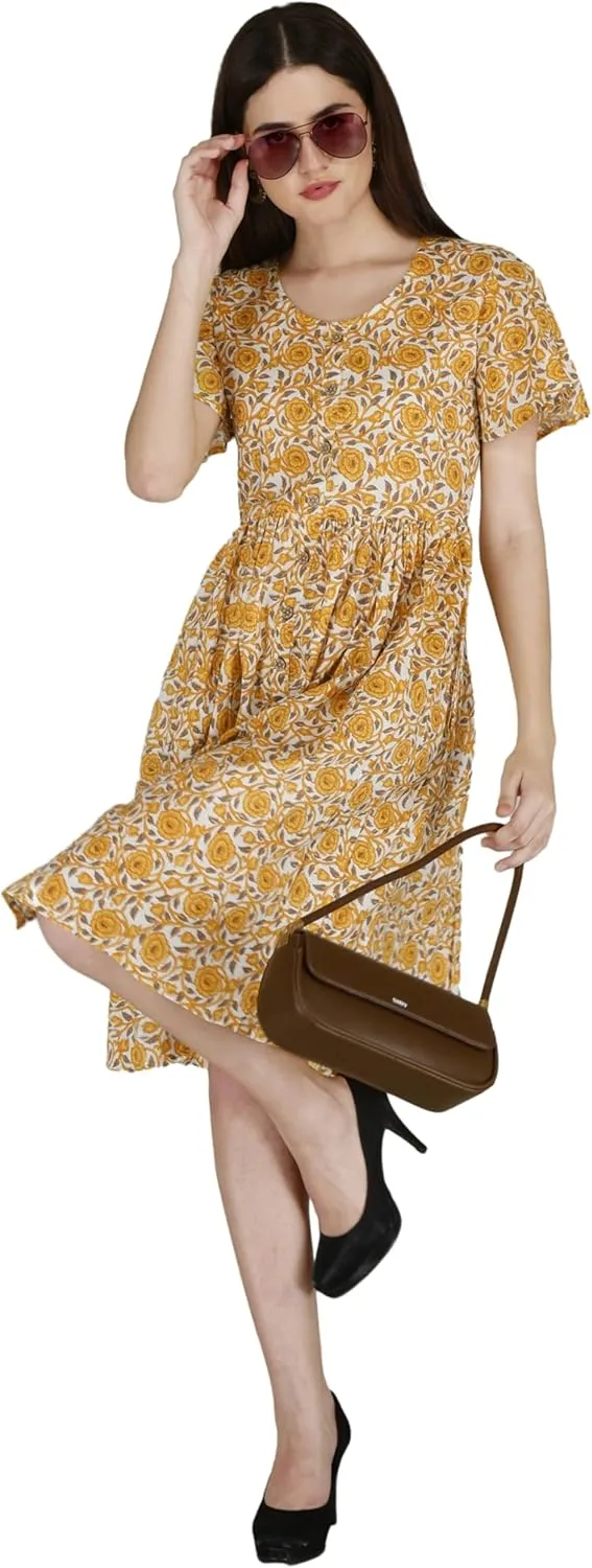 Women's Casual Loose Floral Yellow Summer Beach Button Down Dress with Pockets