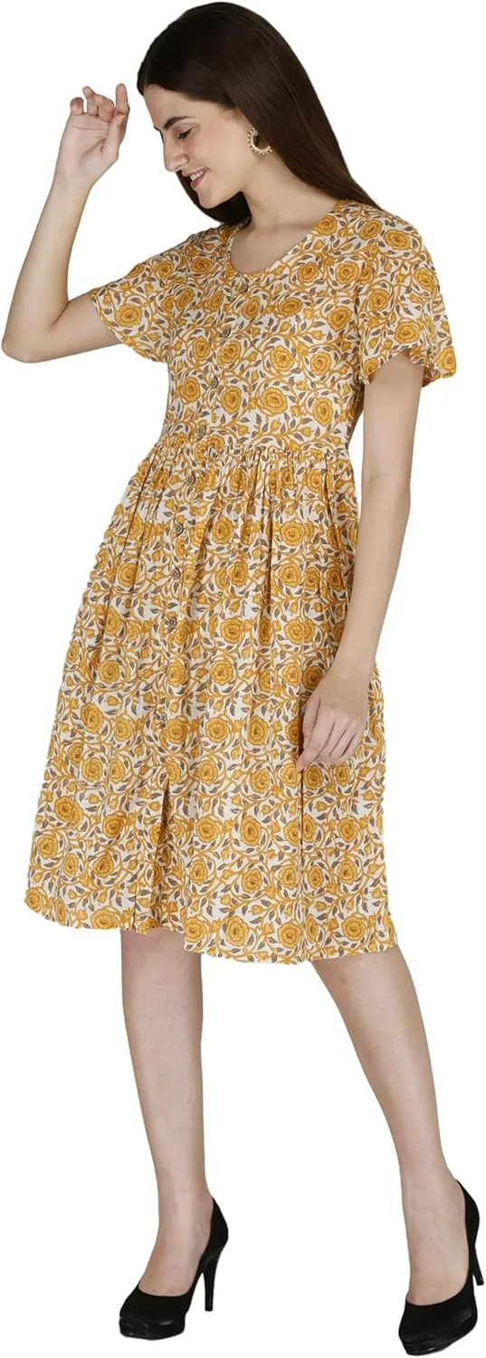 Women's Casual Loose Floral Yellow Summer Beach Button Down Dress with Pockets