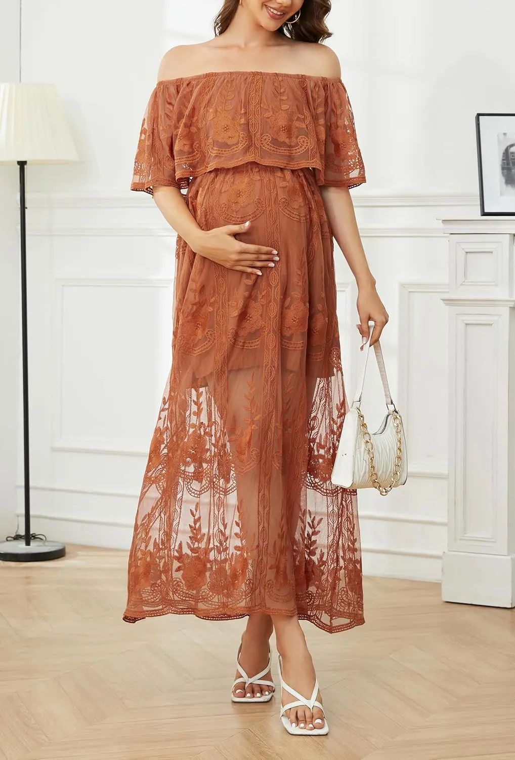 Women's Casual Off Shoulder Lace Maxi Dress Boho White Bridesmaid Wedding Evening Party Dresses