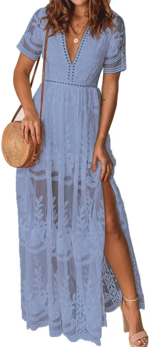 Women's Casual Off Shoulder Lace Maxi Dress Boho White Bridesmaid Wedding Evening Party Dresses