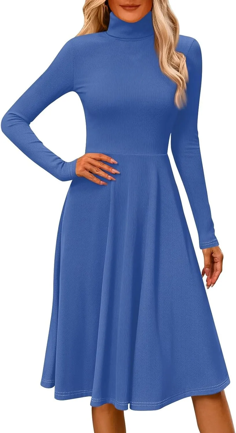 Women's Casual Ribbed Knit High Neck Dress Fall Long Sleeve A Line Flowy Elegant Cute Christmas Dresses