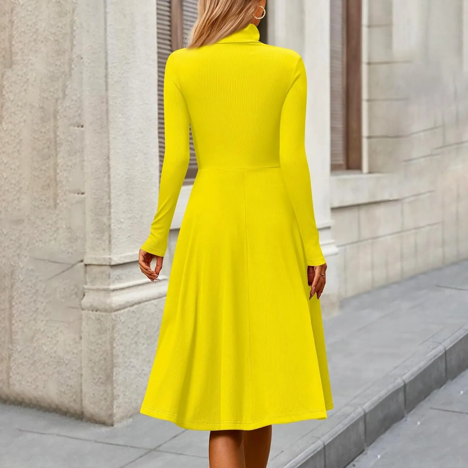Women's Casual Ribbed Knit High Neck Dress Fall Long Sleeve A Line Flowy Elegant Cute Christmas Dresses