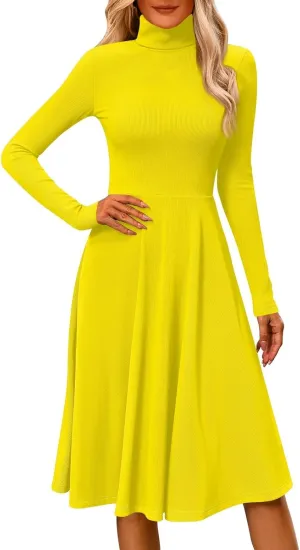 Women's Casual Ribbed Knit High Neck Dress Fall Long Sleeve A Line Flowy Elegant Cute Christmas Dresses