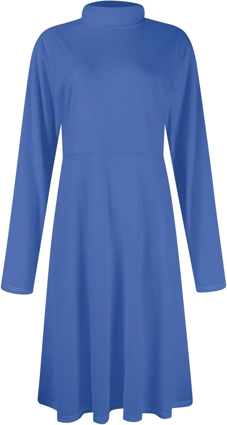 Women's Casual Ribbed Knit High Neck Dress Fall Long Sleeve A Line Flowy Elegant Cute Christmas Dresses