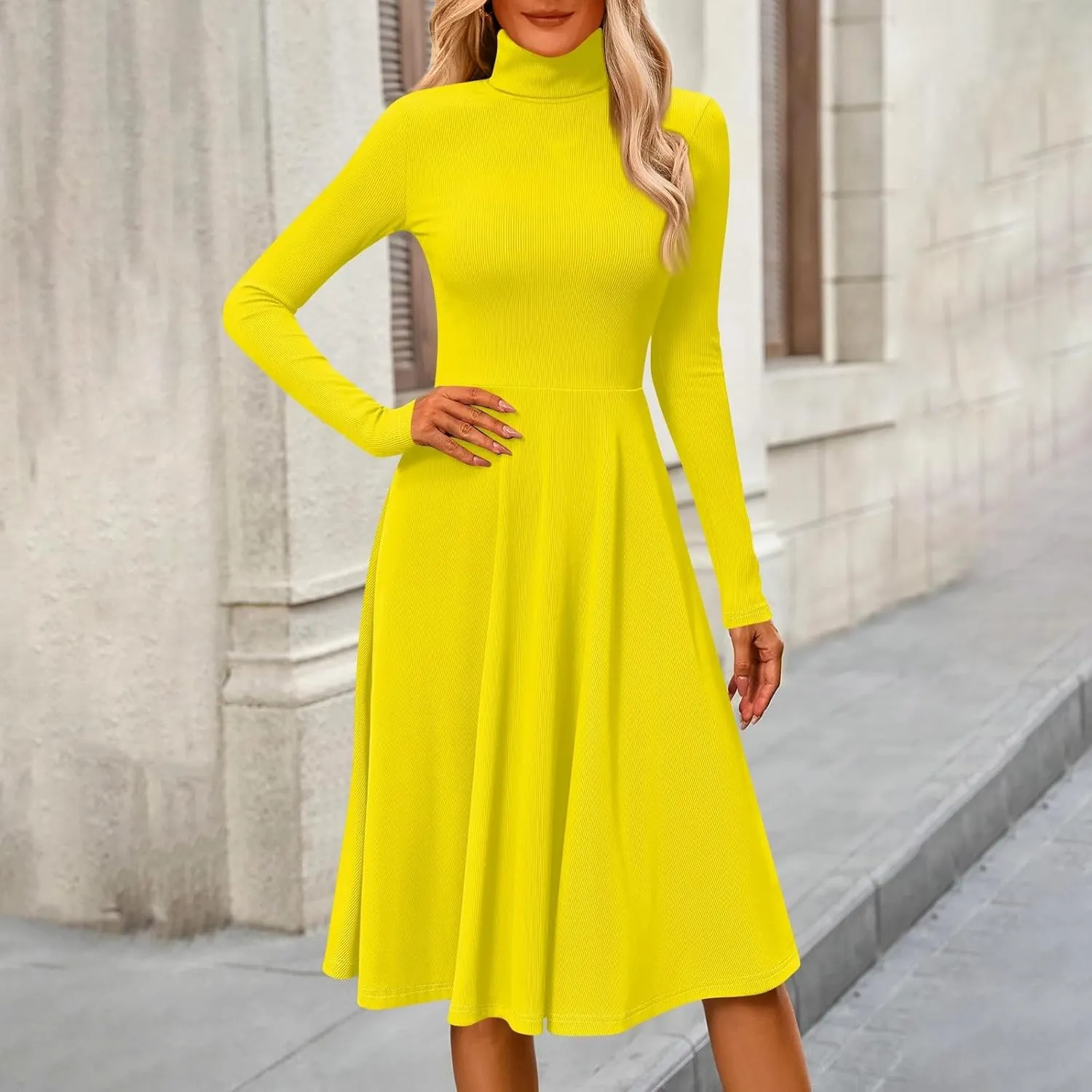 Women's Casual Ribbed Knit High Neck Dress Fall Long Sleeve A Line Flowy Elegant Cute Christmas Dresses