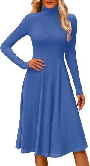 Women's Casual Ribbed Knit High Neck Dress Fall Long Sleeve A Line Flowy Elegant Cute Christmas Dresses