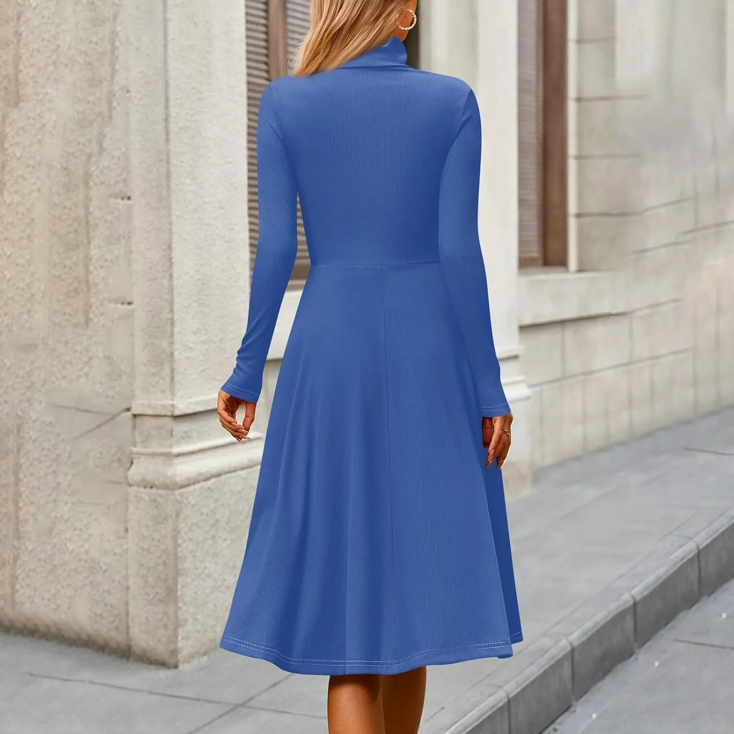 Women's Casual Ribbed Knit High Neck Dress Fall Long Sleeve A Line Flowy Elegant Cute Christmas Dresses