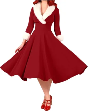 Womens Christmas Dress Vintage 1950s Dresses Long Sleeve Swing Party Dresses Xmas Cocktail Dress Party Holiday Dress