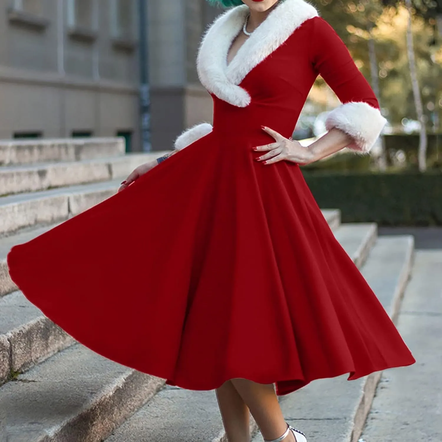 Womens Christmas Dress Vintage 1950s Dresses Long Sleeve Swing Party Dresses Xmas Cocktail Dress Party Holiday Dress