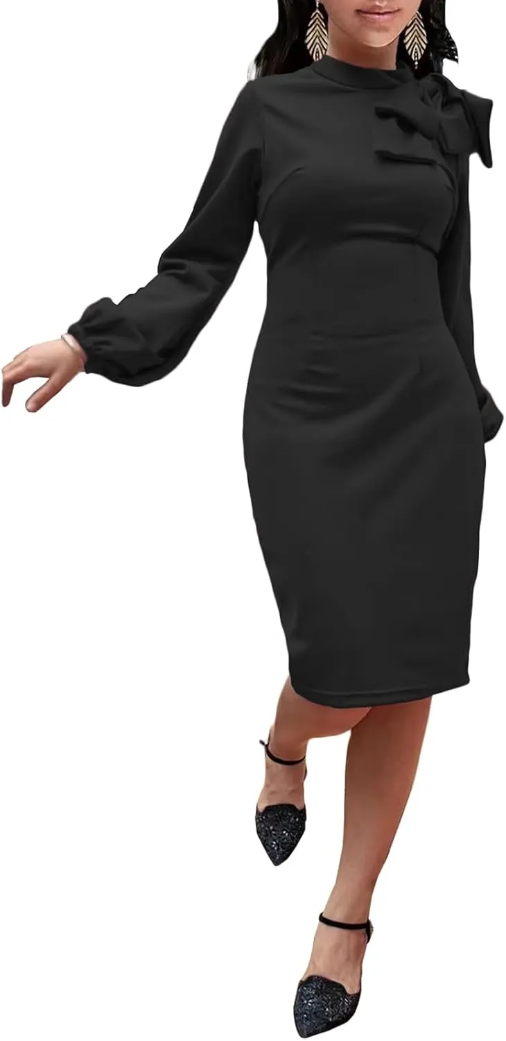Women's Church Dress Bishop Sleeve Bow Knot Work Casual Elegant Cocktail Party Pencil Midi Dresses