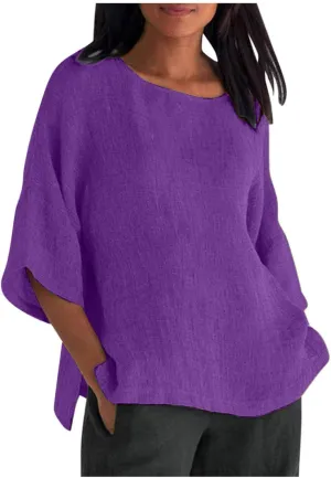 Womens Cotton Linen Summer Tops 3/4 Length Sleeve Tunic Blouses Gauze Boho Shirts Trendy Loose Fit Clothing 2024