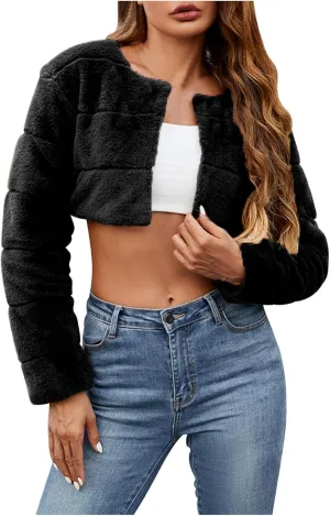 Women's Cropped Faux Fur Jacket Sexy Fashion Long Sleeve Open Front Cardigan Casual Fluffy Y2K Short Coat Clubwear