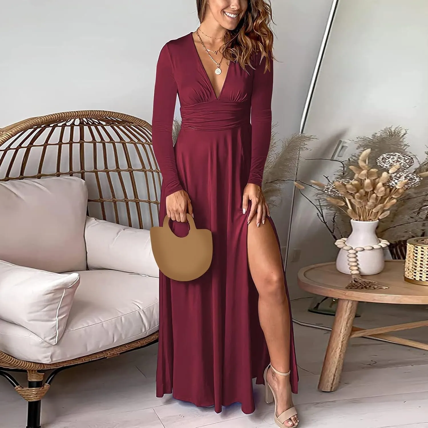 Women's Deep V Neck Long Sleeve Maxi Dresses Tunic Pleated High Waist Slit Club Party Evening Wedding Guest Dress