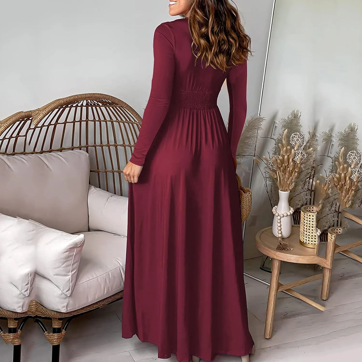 Women's Deep V Neck Long Sleeve Maxi Dresses Tunic Pleated High Waist Slit Club Party Evening Wedding Guest Dress