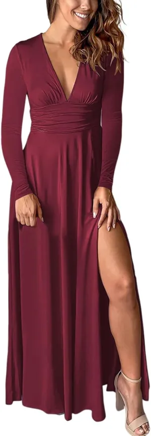 Women's Deep V Neck Long Sleeve Maxi Dresses Tunic Pleated High Waist Slit Club Party Evening Wedding Guest Dress